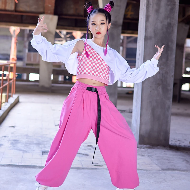

Fashion Hip Hop Dance Performance Costumes For Girls White Crop Tops Loose Pants Suit Children Jazz Dance Rave Clothes DN13762