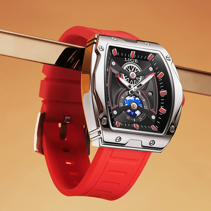 LIGE Fashion Luxury Quartz Man Watches Casual Silicone Strap Sport Square Watch for Men Military Waterproof Auto Date Wristwatch