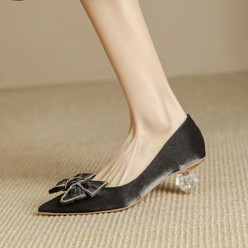 Designer High Heels Women's Transparent Heel Pumps Elegant Satin Ribbon Bow Heels Luxury Party Dress Shoes Bridal Wedding Shoes 6