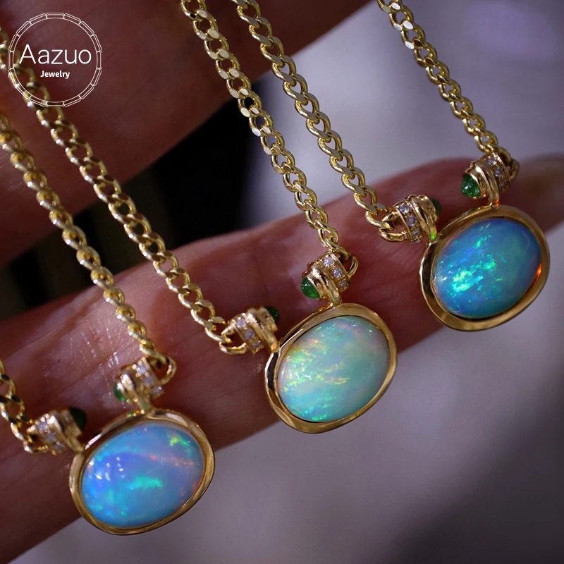 

Aazuo Natural Blue Opal Luxury Jewerly 18K Yellow Gold Cuban Chain Necklace Gifted For Women Valentine's Day Gift Au750