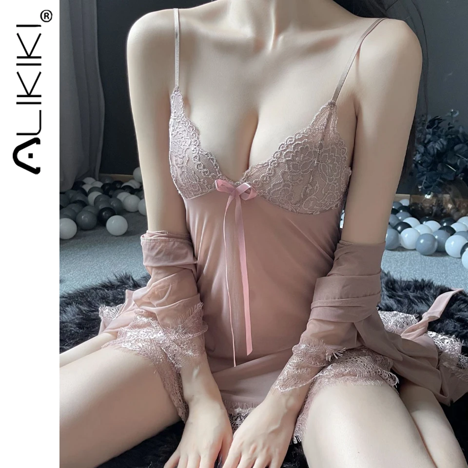 Women Sexy Lace Nightgowns Suits Transparent Short Nightdress Mesh Sheer Erotic Porn Nightdress Sets Sensual Sleepwear Nightwear