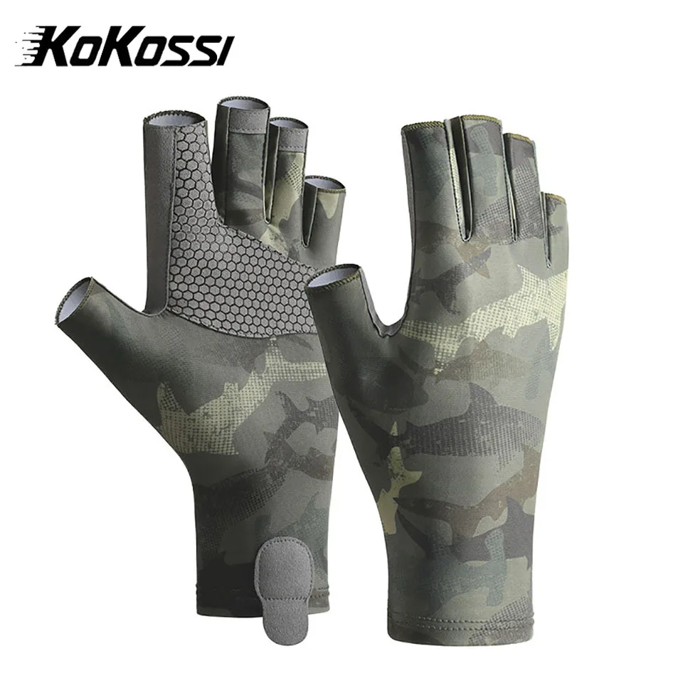 KoKossi 1Pair Summer Outdoor Fishing Gloves Ice Silk Sunscreen Breathable Riding Anti Slip Wear-Resistant Half Finger Gloves Man