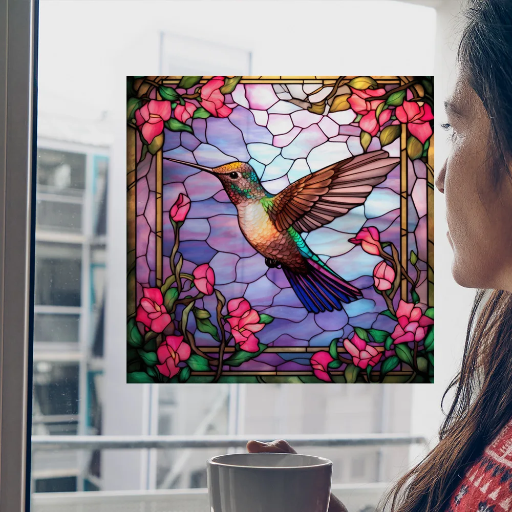 Retro Colorful Stained Hummingbird Butterfly Flower Window Glass Electrostatic Stickers Removable Anti-collision Decorative Film