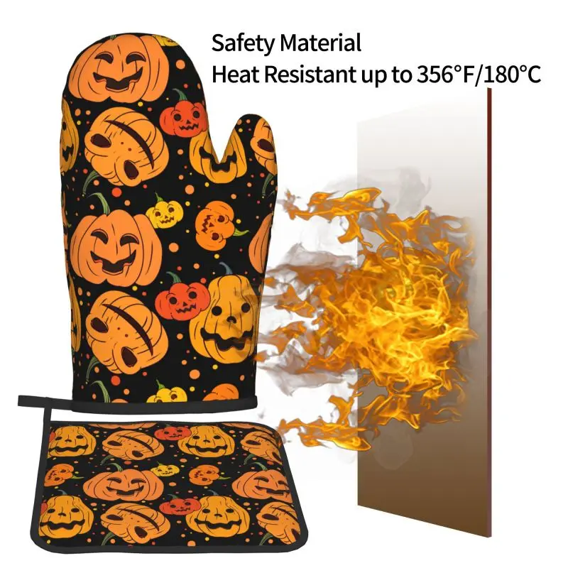 Halloween Pumpkin Oven Mitts and Pot Holders Sets Heat Resistant for Baking BBQ Cooking Holiday Decor
