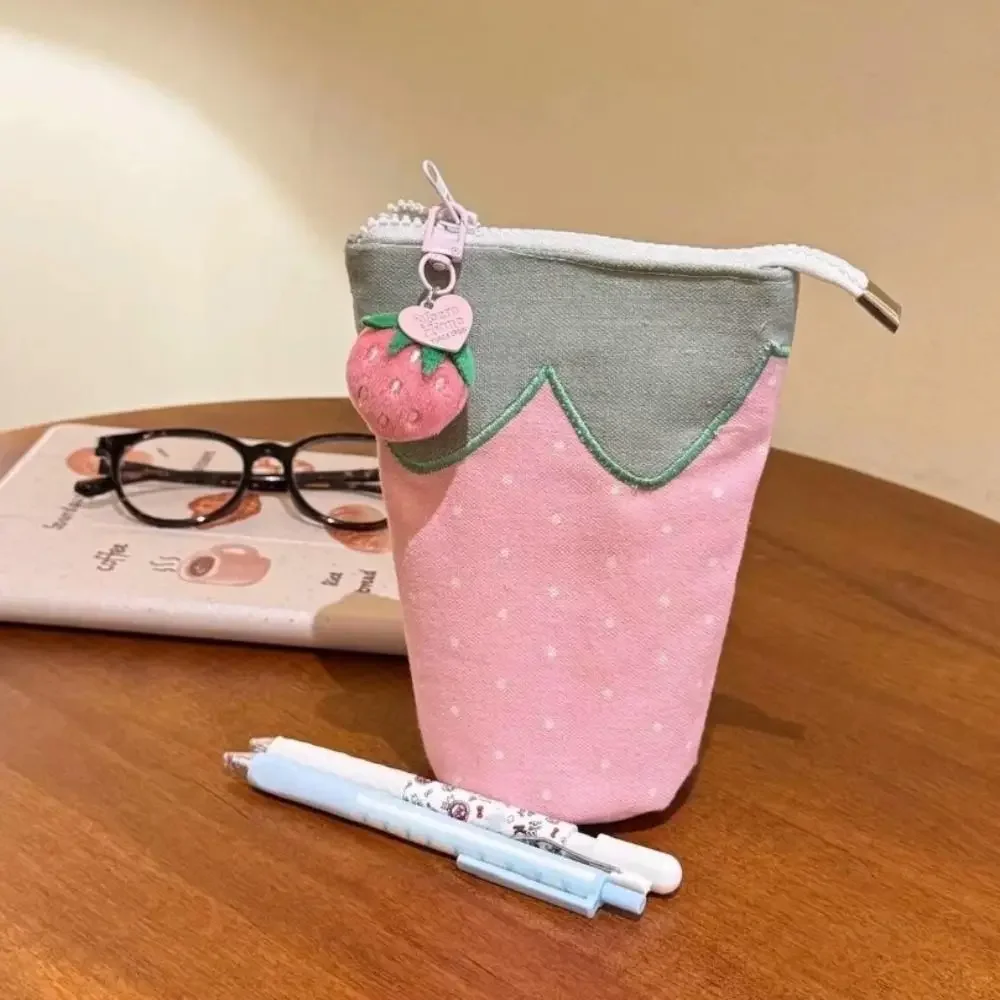 Adorable Foldable Strawberry Pencil Holder with Large Capacity - Cylindrical Stand-Up Cartoon Stationery Case