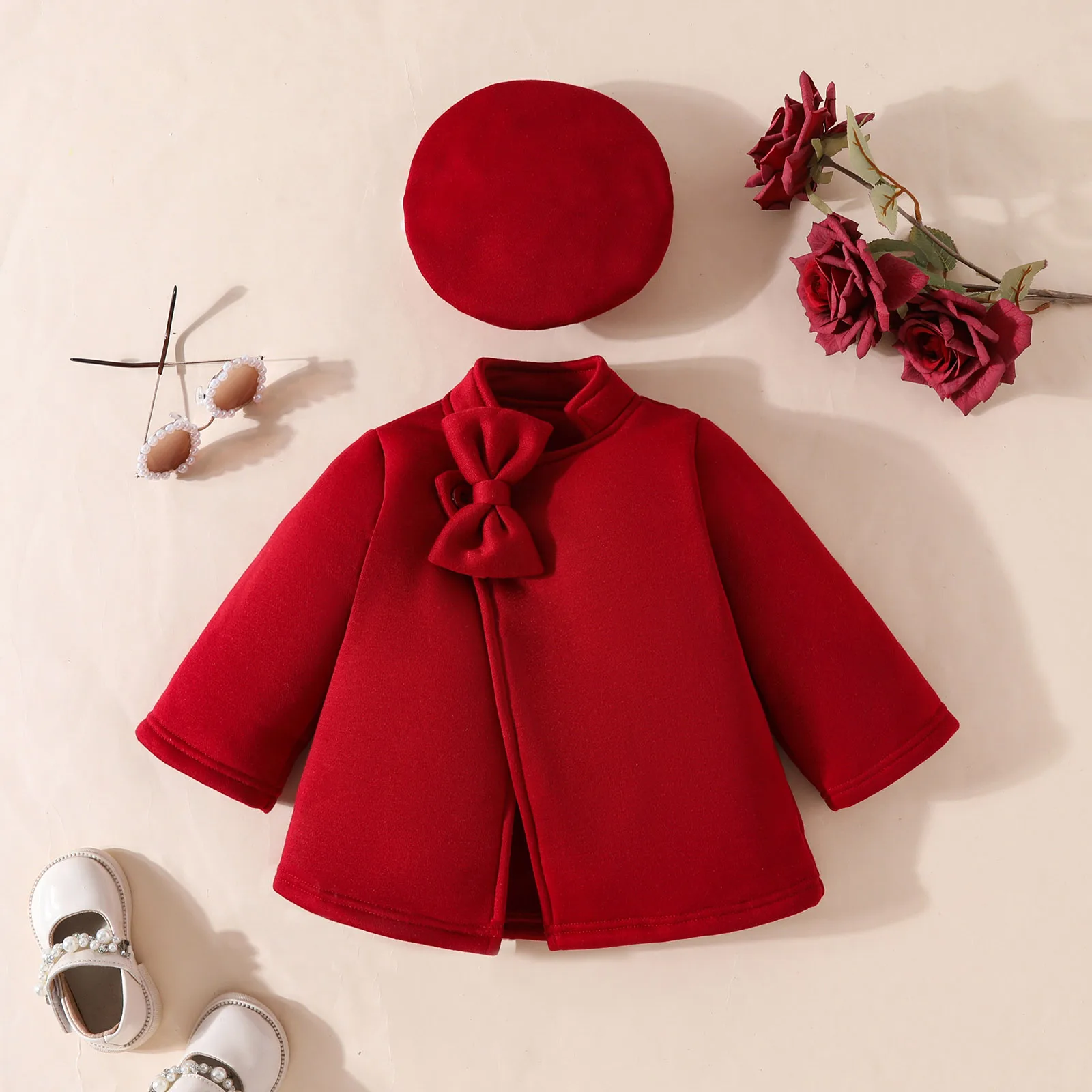 Two-piece baby baby girl solid color Chinese bow one button coat + Beret