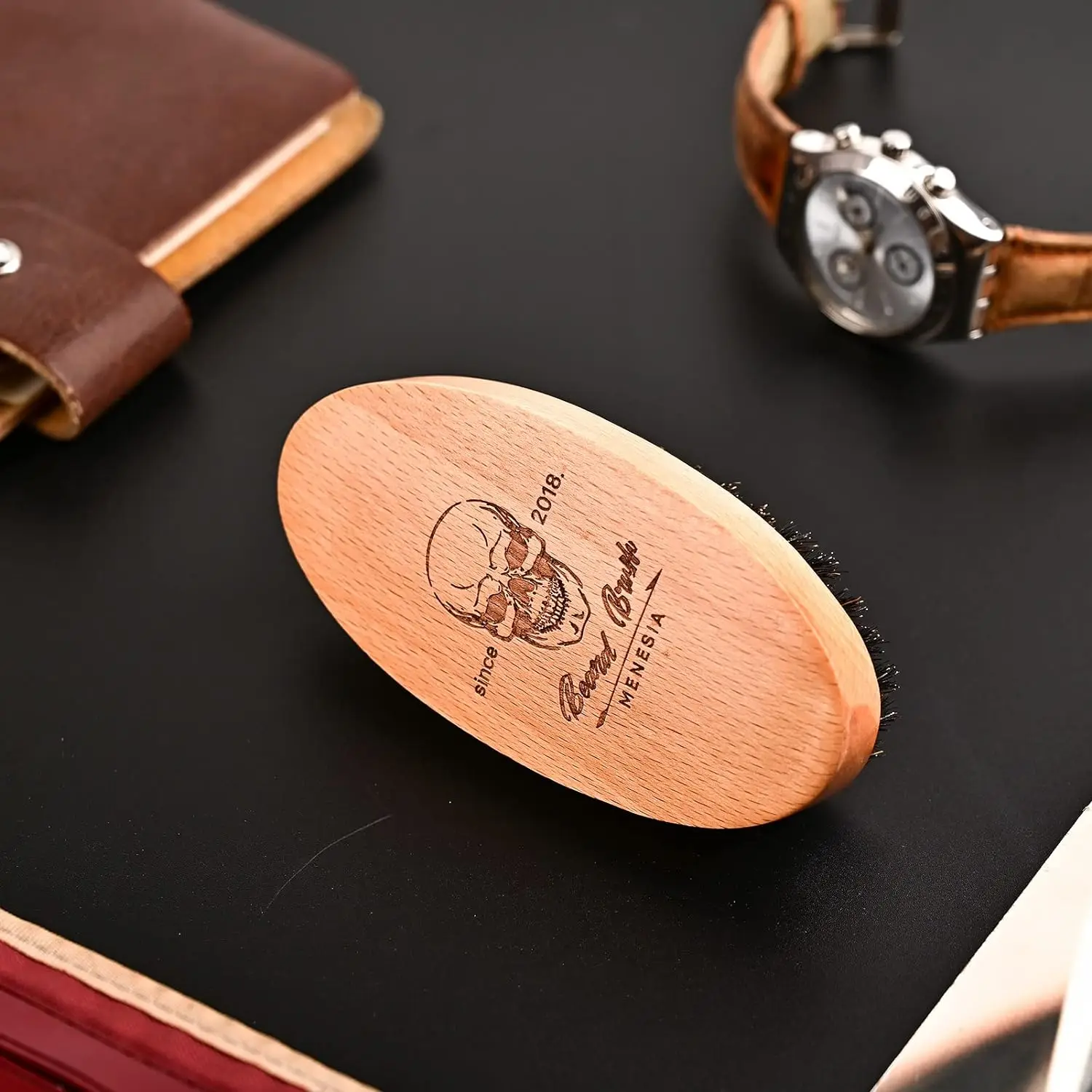 Beard Brush Boar Bristle Hair Men Small Soft Pocket Travel Wooden Mustache Brush Skull