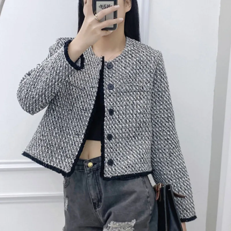 

2023 Autumn/Winter New Tweed Weave Twill Short Coat Women Long Sleeve O-Neck Female Outerwear Chic Top