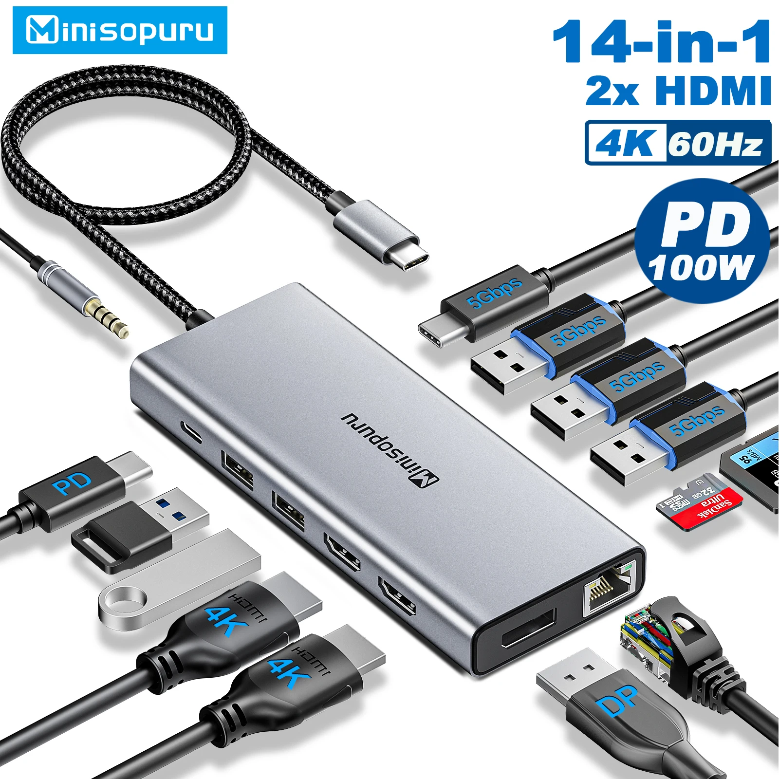 Minisopuru USB C Hub 4K HDMI USB Type C to DP RJ45 Multi USB A Ports PD