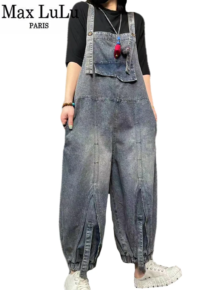 

Max LuLu 2024 Fashion Spring Overalls Womens Leisure Loose Vintage Denim Pants Ladies Classic Patchwork Harajuku Harem Trousers