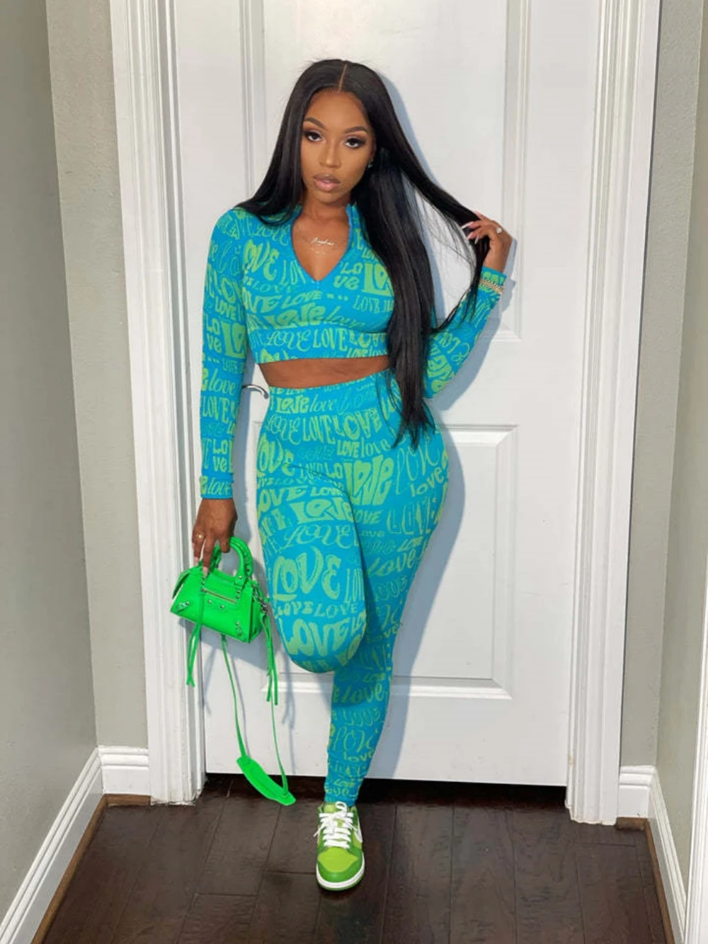 New Fashion Ladies Casual 2-Piece Spring Print Long Sleeve V-Neck Top And Slim Pant Suit Comfortable 2-Piece Women Set