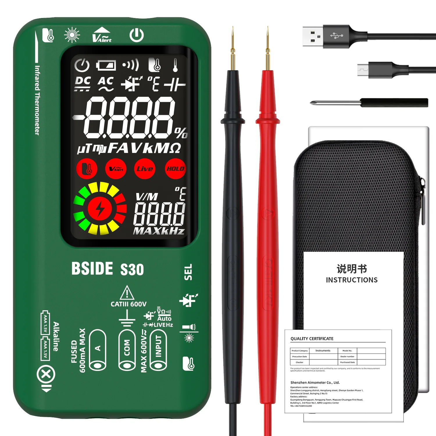 

Цифровой мультиметр BSIDE S30 4 в 1, инфракрасный термометр, Электрический тестер, ручка-анализатор цепи, детектор True RMS 9999, ЖК-дисплей
