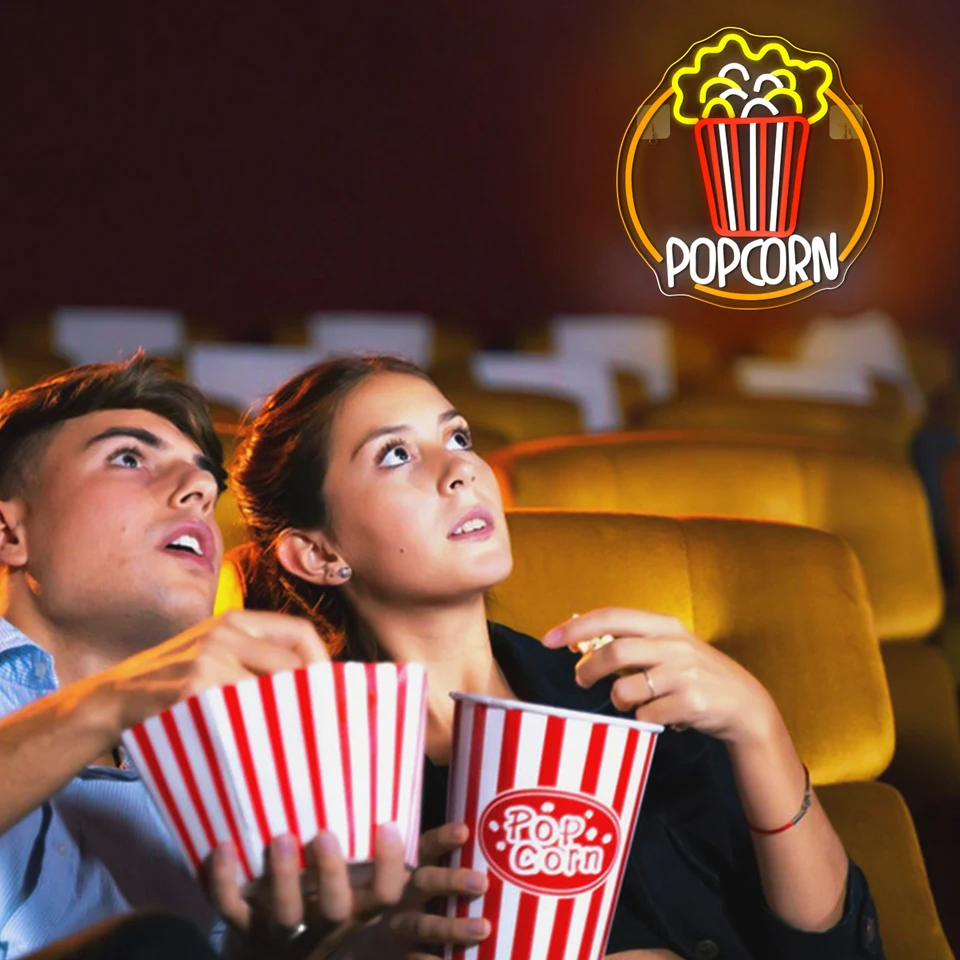 Insegna Al Neon LED Con Scatola Di Popcorn - Luce Dimmerabile USB Per Home Cinema, Decorazione Parete 31,8x38,9 Cm