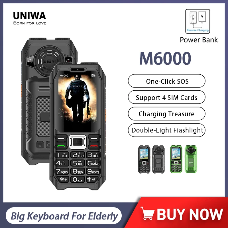 Uniwa M6000 2G Feature Phone Power Bank 4 Sim Card 2.4 Pollici Radio Fm Mp3 Voice Record Torch Grande Tastiera Cellulare Per Anziani