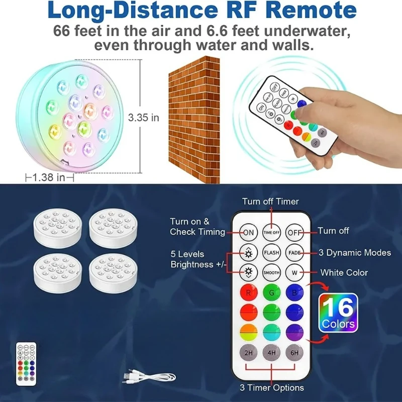 Submersible Light USB Pool Rechargeable LED With Remote RF IP68 Underwater Waterproof Pond For Inground Pool Decor