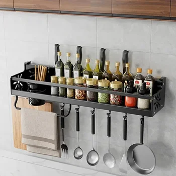 Black Wall-Mounted Kitchen Shelf – No-Punch, Large Capacity Metal Storage with Skeletonized Drainage Design 1