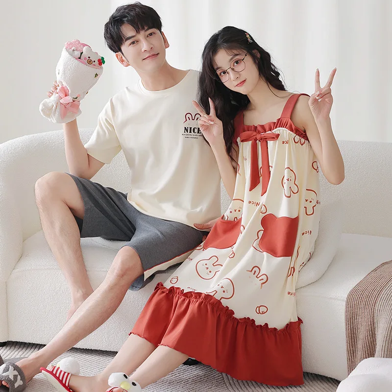 2023 Summer Plus Size Couples Home Clothes Mens Short Sleepwear Spaghetti Strap Cotton Nightgown for Women Korean Cute Nightdres