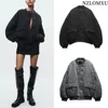 Women's Quilted Loose Fit Bomber Jacket Crew-Neck Long Sleeve Zip-Up Coat with Flap Pockets Warm Outerwear for Fall Winter