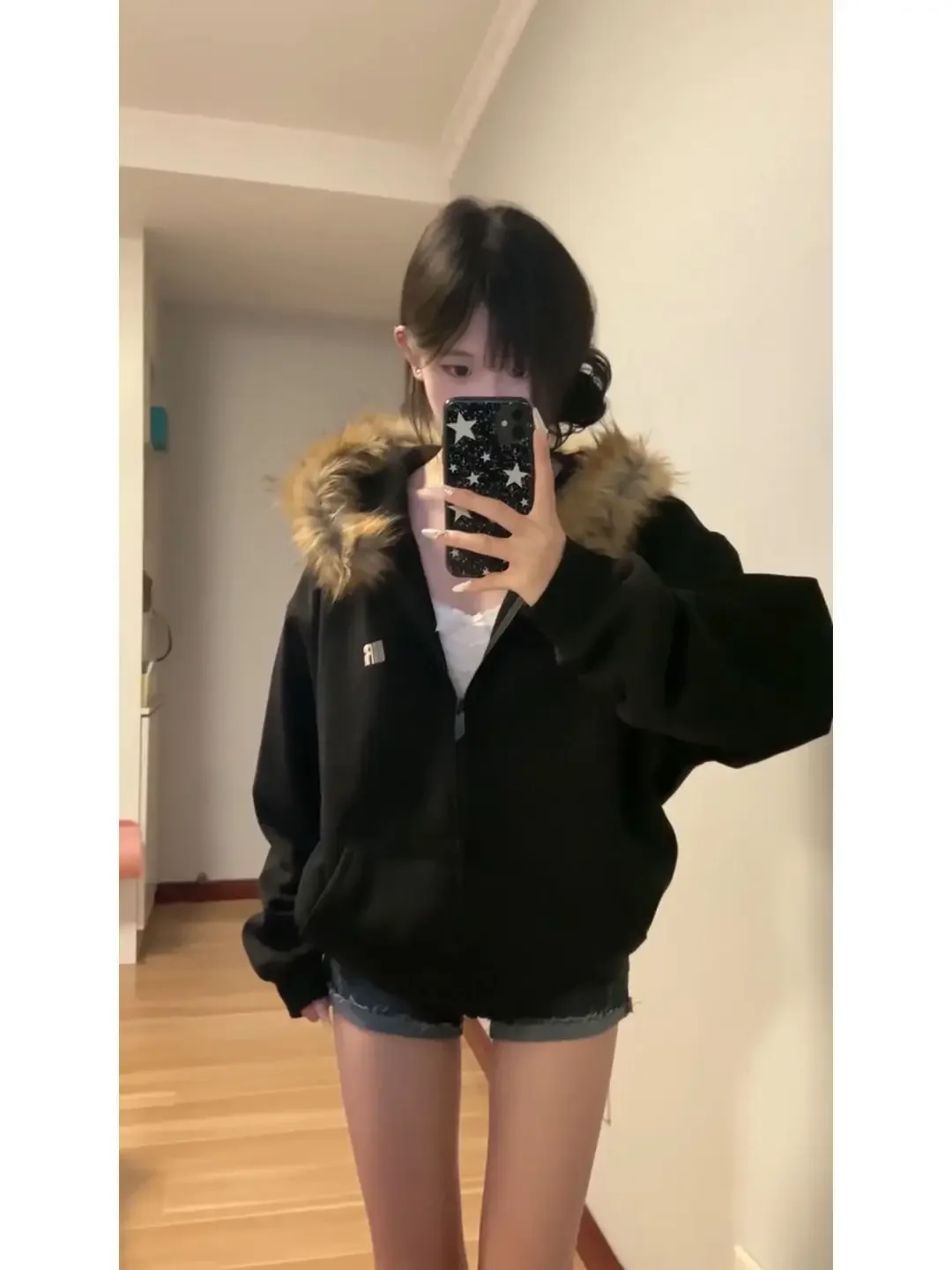 Description Picture 4 of itemY2k Women Black Zip Up Hoodies Vintage Korean Preppy Style Faux Fur Coat Oversized Casual Sweatshirt Harajuku Autumn Winter