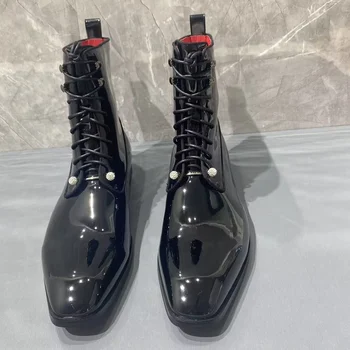 Stivali in pelle verniciata nera stile britannico Scarpe da uomo Stivaletti stringati moda di lusso Scarpe eleganti da uomo Stivali da uomo autunno inverno 1