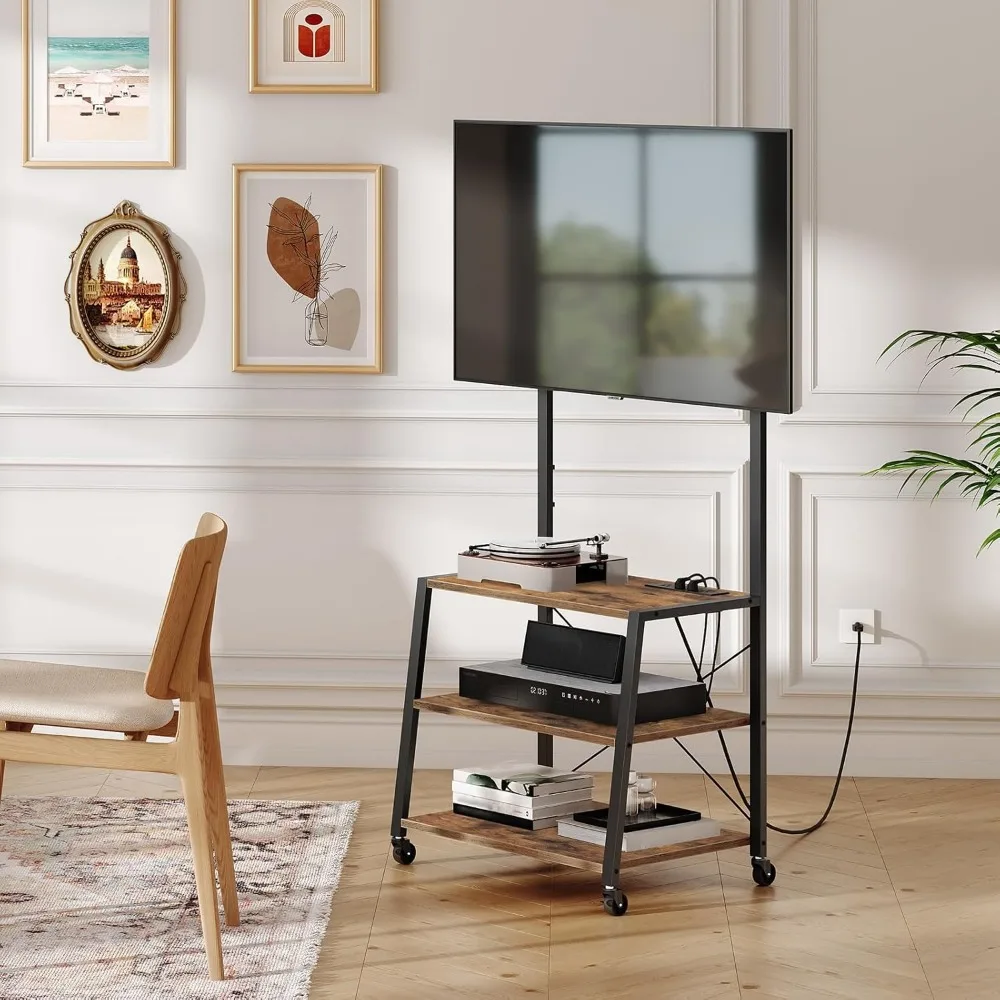 Rolling TV Stand with Mount and Power Outlet Up to 55 inch TVs,Small TV Stand with 3-Tier Storage Shelves 5