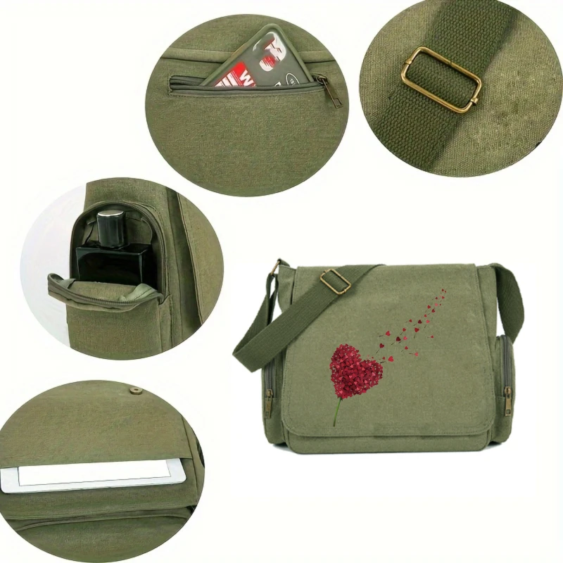 Fashion Women's Bag Canvas Shoulder Crossbody Bag For Women Large Capacity Heart Print Messenger Bag For Daily Use