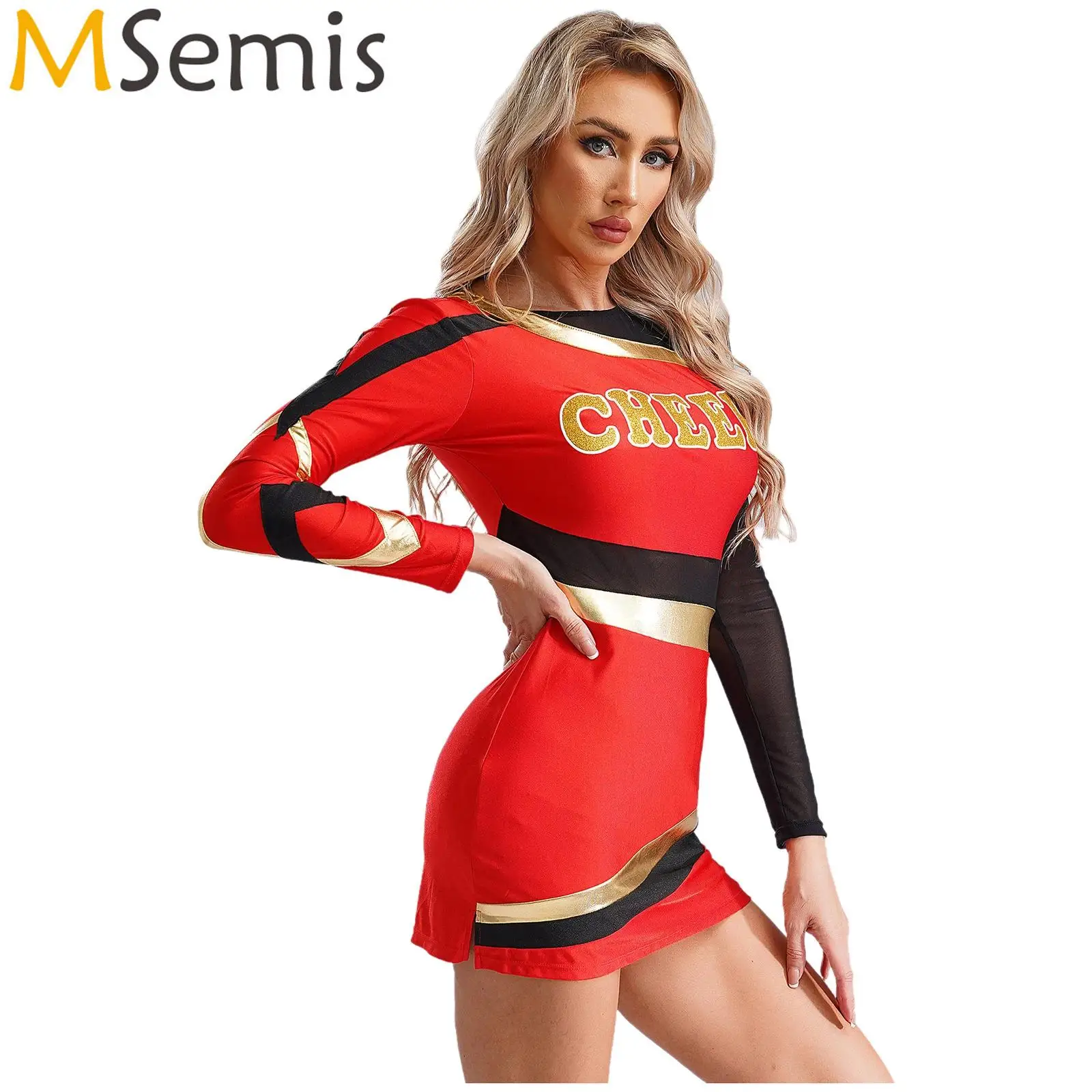 Womens Cheerleading Uniform Dress Carnival Cheerleader Costume School Girls Cheer Dance Clothing Printing Metallic Bodycon Dress