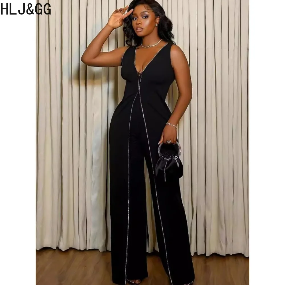 

HLJ&GG Elegant Lady Deep V Splicing Wide Leg Pants Jumpsuits Women Sleeveless Personality Irregular Playsuits Fashion Overalls