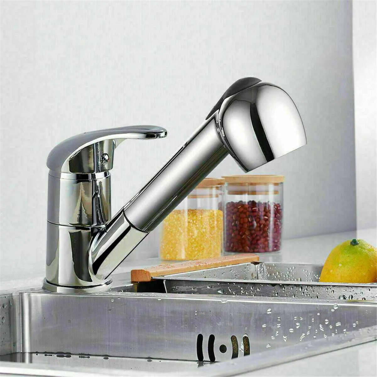 Kitchen Faucet Solid Brass Single Hole Pull Out Spout Kitchen Sink Mixer Tap Stream Sprayer Head Silver Hot Cold Tap Mixer white kitchen sink