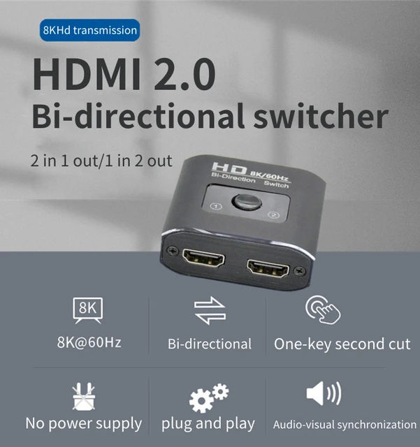 8K 60Hz HDMI Switch 2 Ports 2 In 1 Out Video Splitter for Laptop