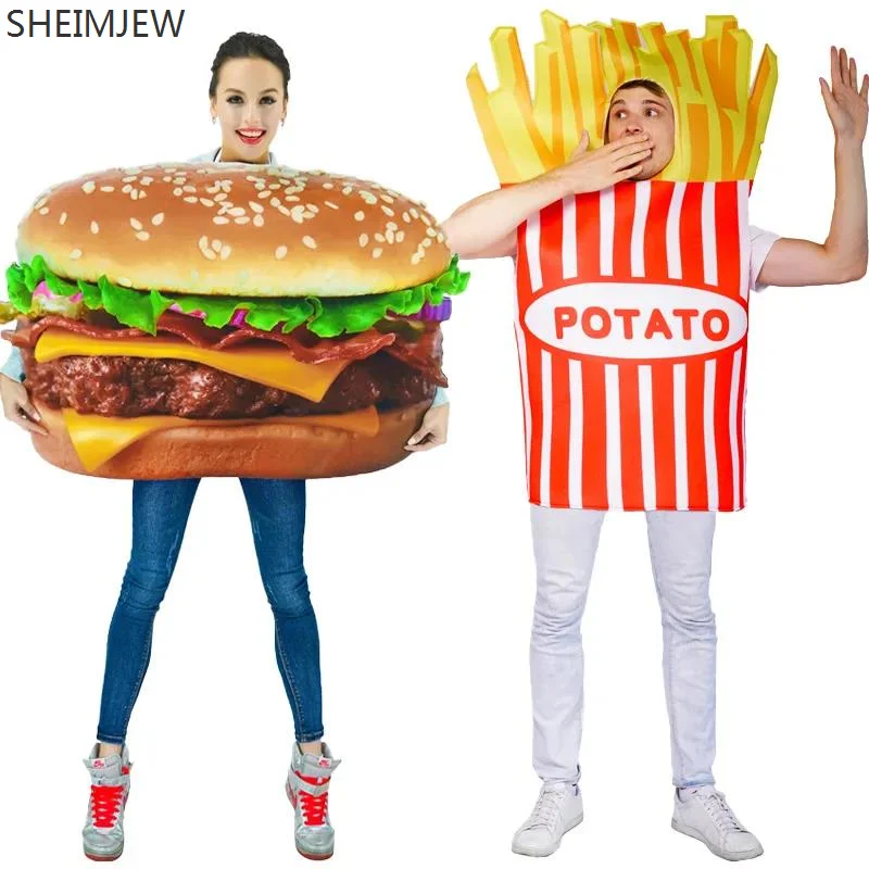 

2024 Unisex Funny Cosplay French Fries Yummy Hamburger Jumpsuit Adult Burger & Fries Show Props Dress Up Party Food Mascot Suit