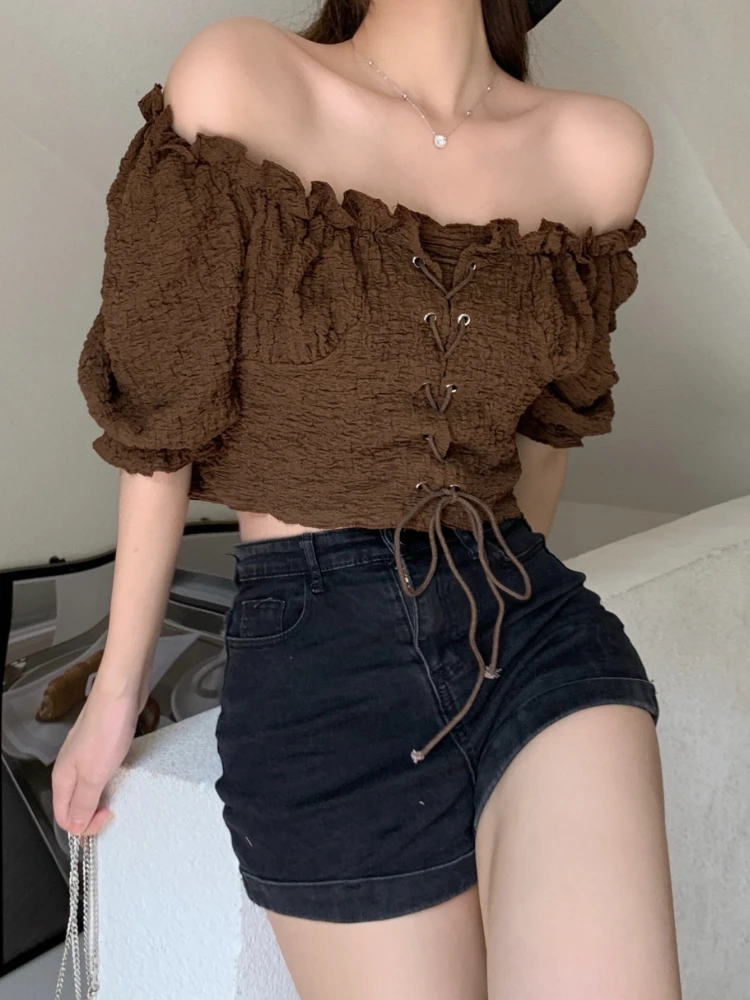 

Sweet Style French Retro Girl One Word Collar Blouse Ruffles Strapless Niche Design Bandage Crop Top Harajuku Babes Chic Shirt