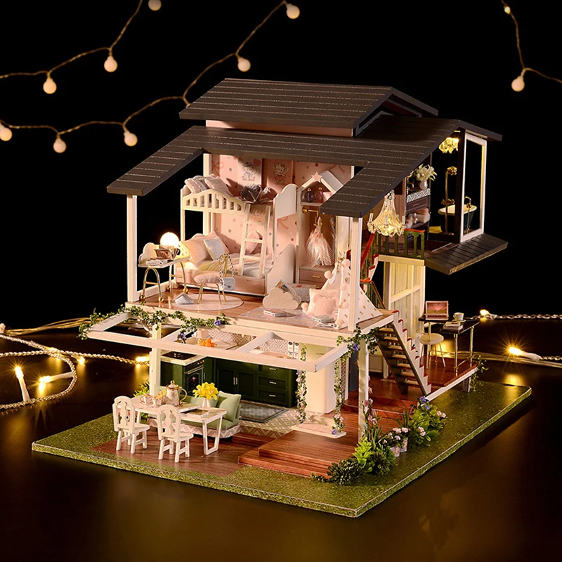 DIY Wooden Doll Houses Monet Garden Casa Miniature Model Kit Villa Dollhouse with Furniture Led Light for Friends Birthday Gifts 3