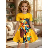 Robe T-shirt imprimée style africain pour fille, robe décontractée jaune de style ethnique pour enfant, idéale pour un cadeau d'anniversaire, ensemble décontracté 2