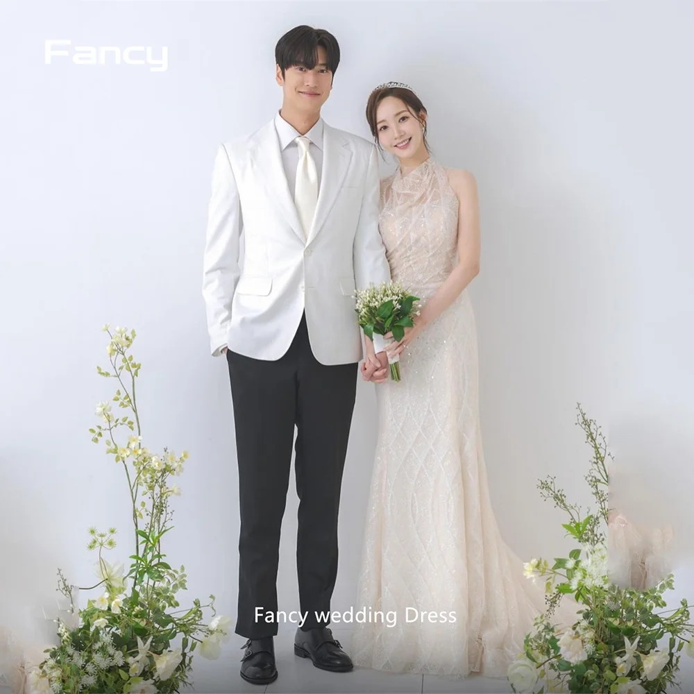 

Fancy Princess Shiny Mermaid Wedding Dress Korea Women Photography Sleeveless Floor Length High Neck Bridal Gown Custom Made