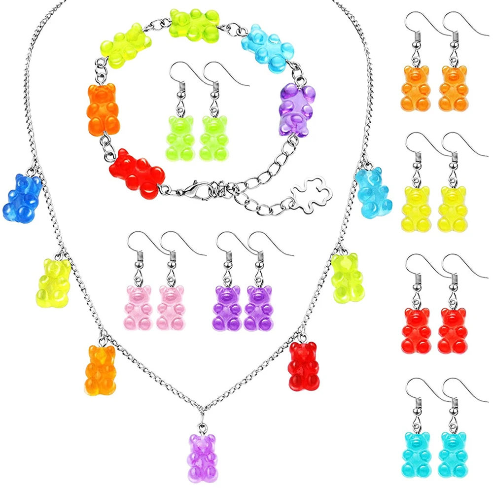 7 Colori Gummy Mini Bear Collana Bracciale Orecchino Per Donna Ragazza Collare Pendenti Con Ciondoli Collane Gioielli Femme Bijoux Regali