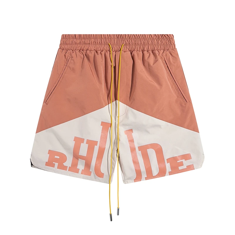 

High Quality Rhude Patchwork Shorts Men Women Yellow Drawstring Shorts Breeches Hip Hop