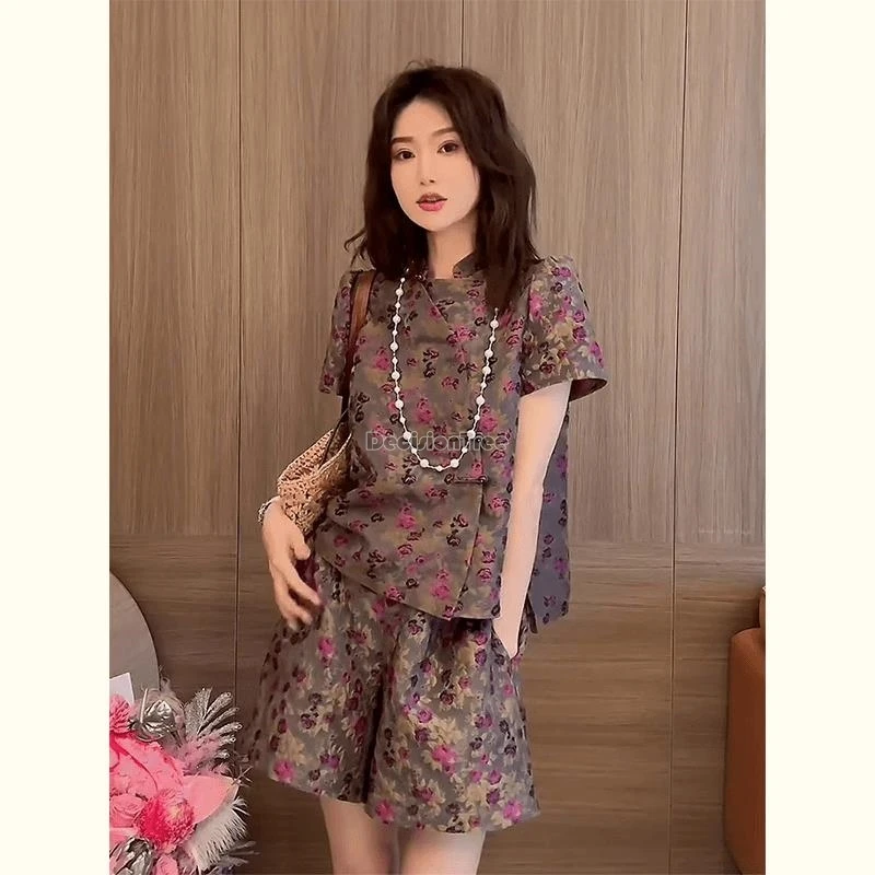 summer new chinese style floral printed set women fashion loose casual retro fashion blouse shorts two-piece daily set w823