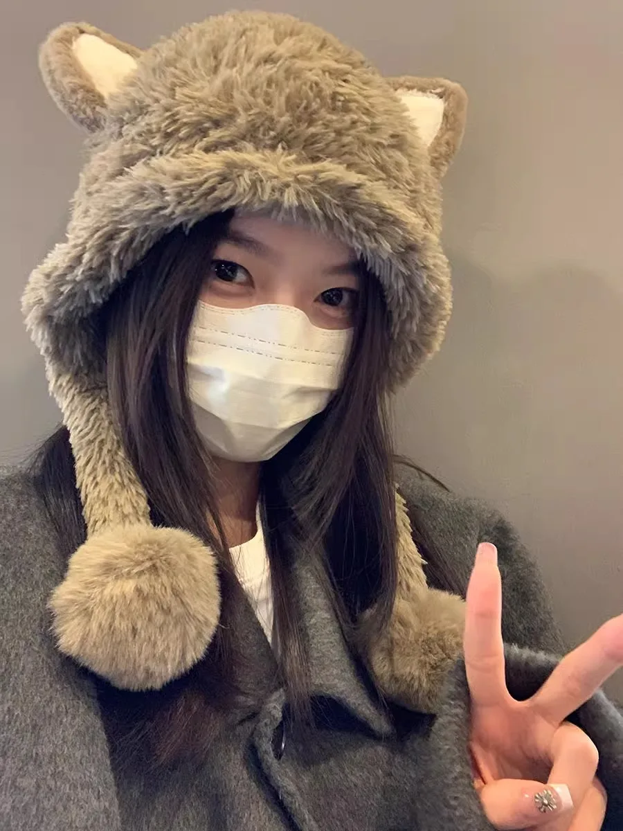New Cute Cartoon Fury Hat with Long Ears Lace up Versatile Autumn and Winter Warmth Ear Protection and Windproof Pullover Hat