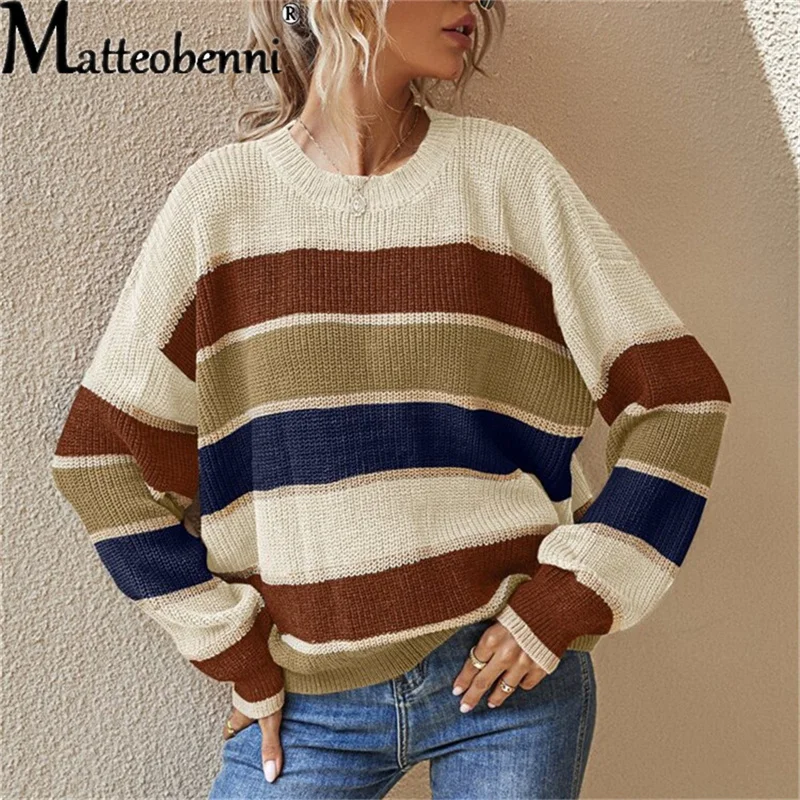 2022 Autumn New Round Neck Women's Contrast Striped Pullover Ladies Long-Sleeve Loose Comfortable Urban Casual Versatile Sweater