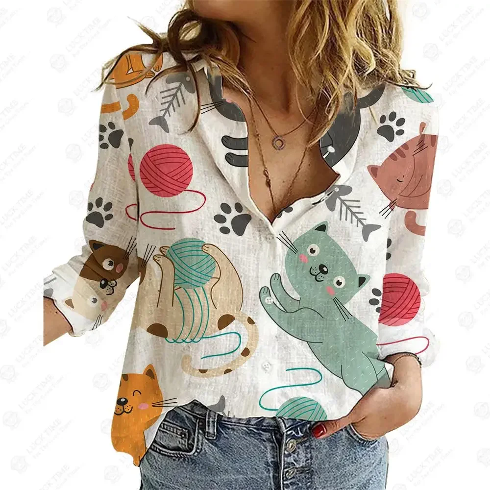 

Womens Tops Spring And Autumn Casual Print Designs Long-Sleeved Lapel Ladies Shirts Full Vintage Loose Fit Slight Strech 2023