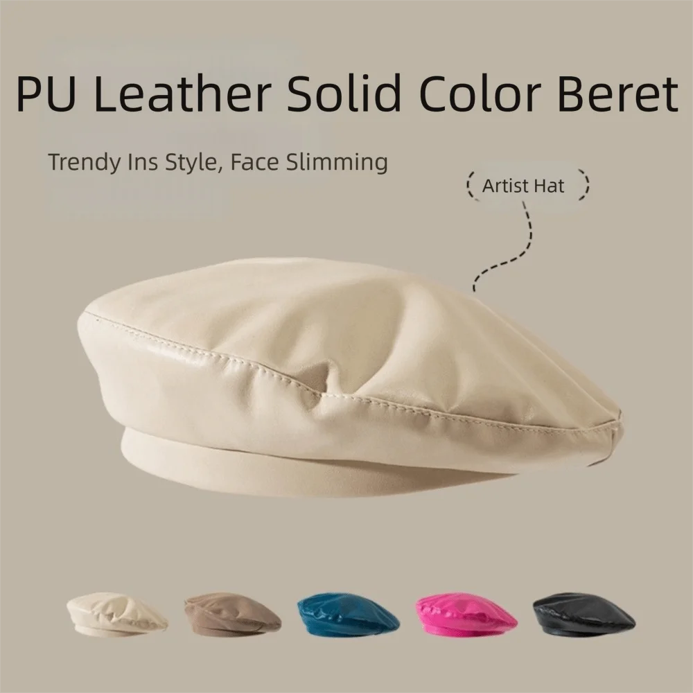Sweet PU Leather Pearl Bow Beret Solid Color Korean Style Octagonal Hat British Style Retro Design Painter Hat Outdoor Wear