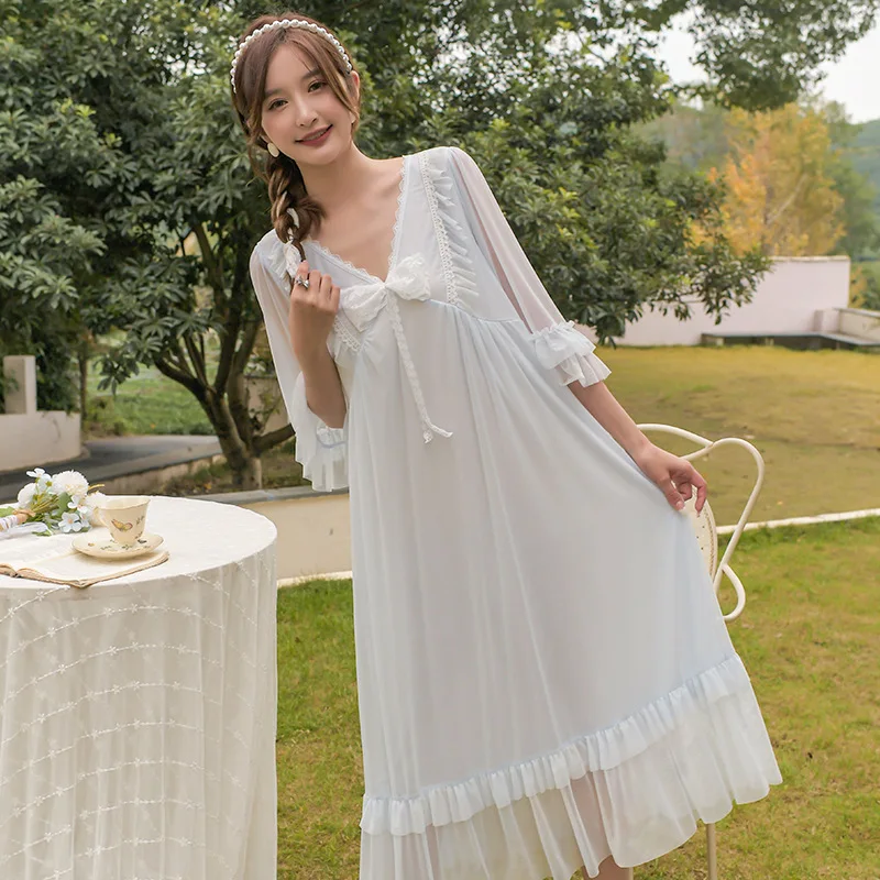 

Retro Court Style Bow Modal Nightdress Women's Spring Autumn Sweet Lace Mesh Fairy Princess Home Dress Lady Nightgown Skirt