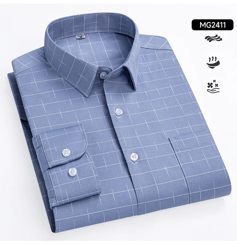 Men's Striped Stretch Business Long Sleeve Formal Dress Shirt Easy Care Casual Fashion Standard Fit Male Workwear Shirts