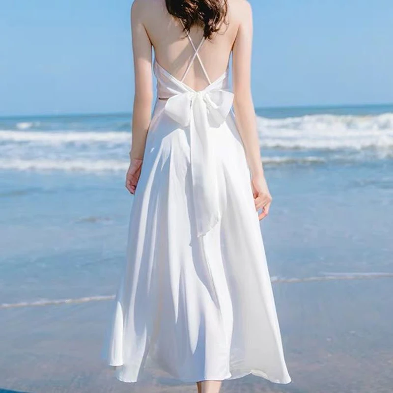 

White Chiffon Dress Women 2022 New Summer Suspender Long Dresses Female Fashion Slim Sexy Backless Beach Dress Seaside Vacation