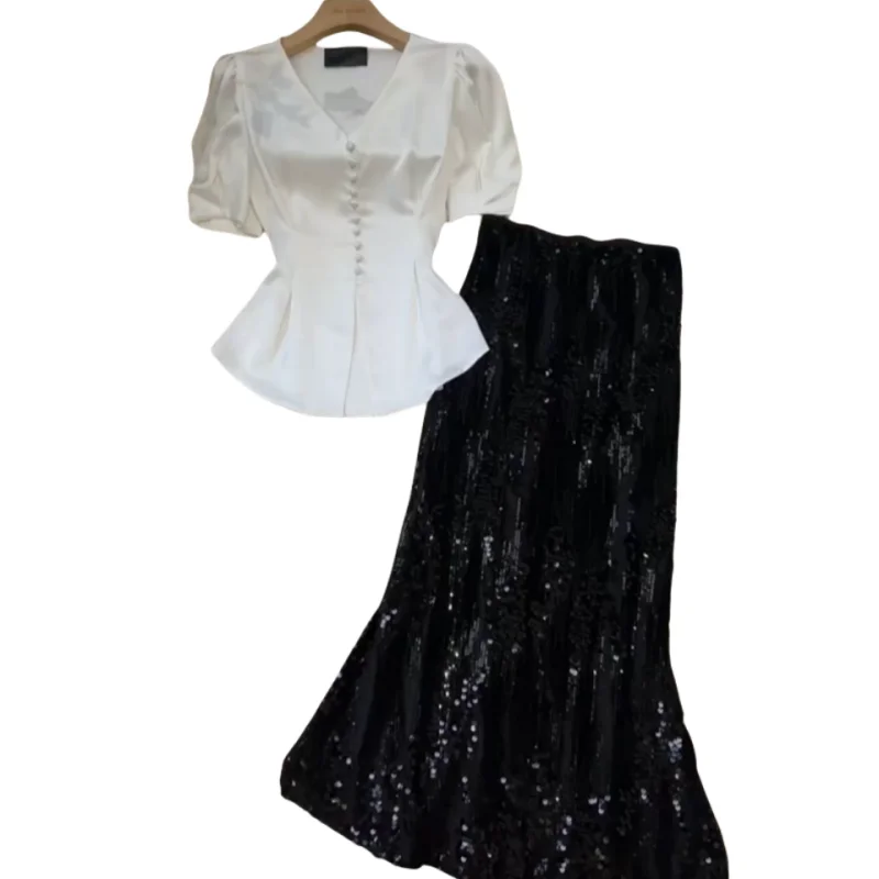 A Niche Style Waist Up White Short Sleeved Shirt Summer Belly Covering Sequin Fish Tail Half Skirt Commuting Two-piece Set