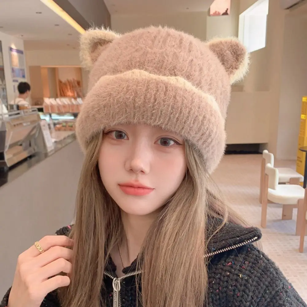 

Cute Cat Ear Design Women Knitted Woolen Hat Autumn Winter Warmer Solid Color Simple Casual Soft Comfortable Cap