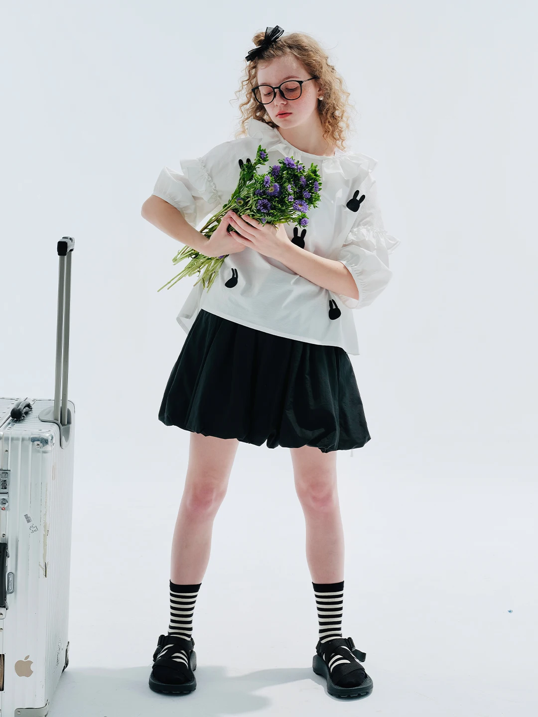 imakokoni original black Sweet flower bud short skirt spring and summer high waist A-line everything matching half skirt 234044