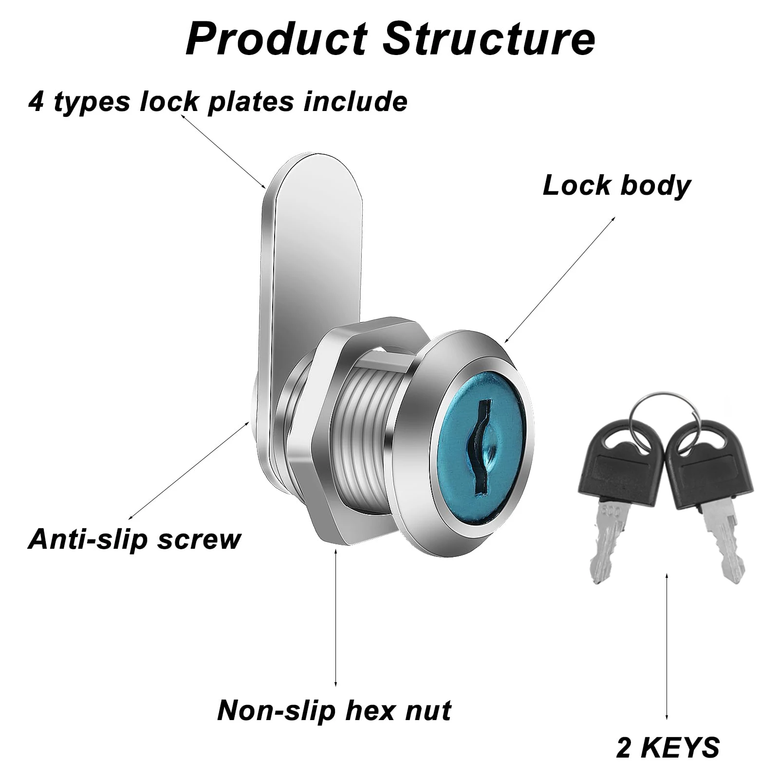 Cam Lock Set 16/20/25/30mm Door Cabinet Mailbox Drawer Cupboard Locker 2 Keys 4 Lock Plates