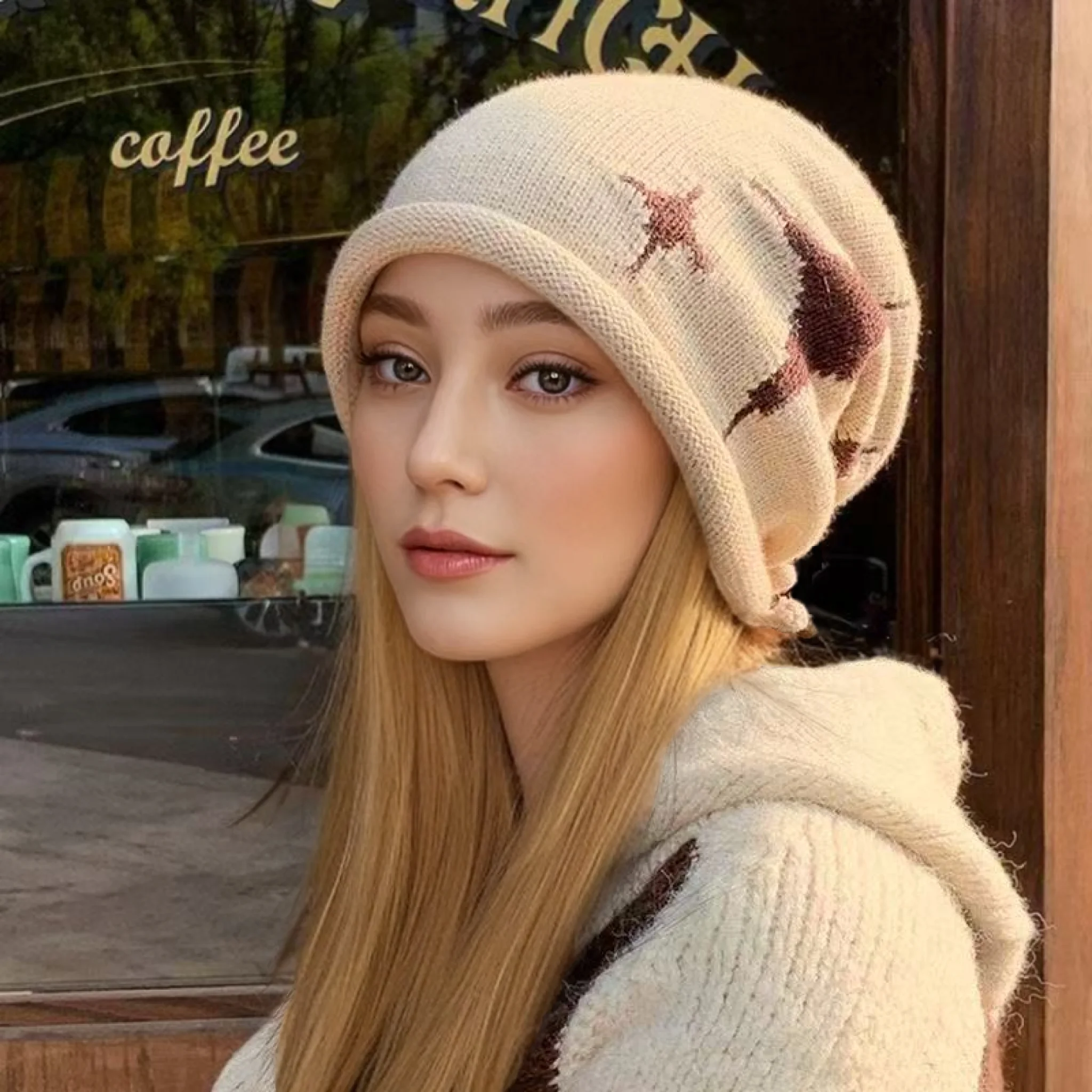 Hot Sale Woman Loose Beanie Hat Casual Drawstring Design Pile Hat Female Streetwear Outdoor Fashion Winter Knitted Hat